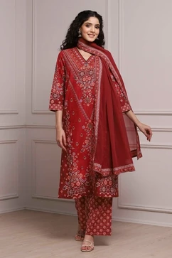 Red Cotton Printed Straight Suit Set